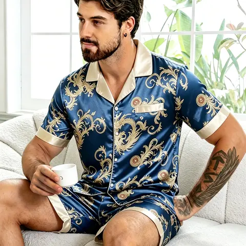 Men's Satin Polyester Print Pajama Set, Colorblock Short Sleeve Shorts, Summer Home Wear Loungewear, Casual Loose and Baggy Nightwear for All Seasons, Pjs, Menswear