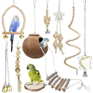 9-Piece Parrots Chewing Toy Set - Natural Wood & Rope Bungee Toys for Anchovies, Coconut Hideaway with Ladder, Bird Perch Stand, Cage Accessories for Parakeets, Cockatiel, Conure, Mynah, Macaw