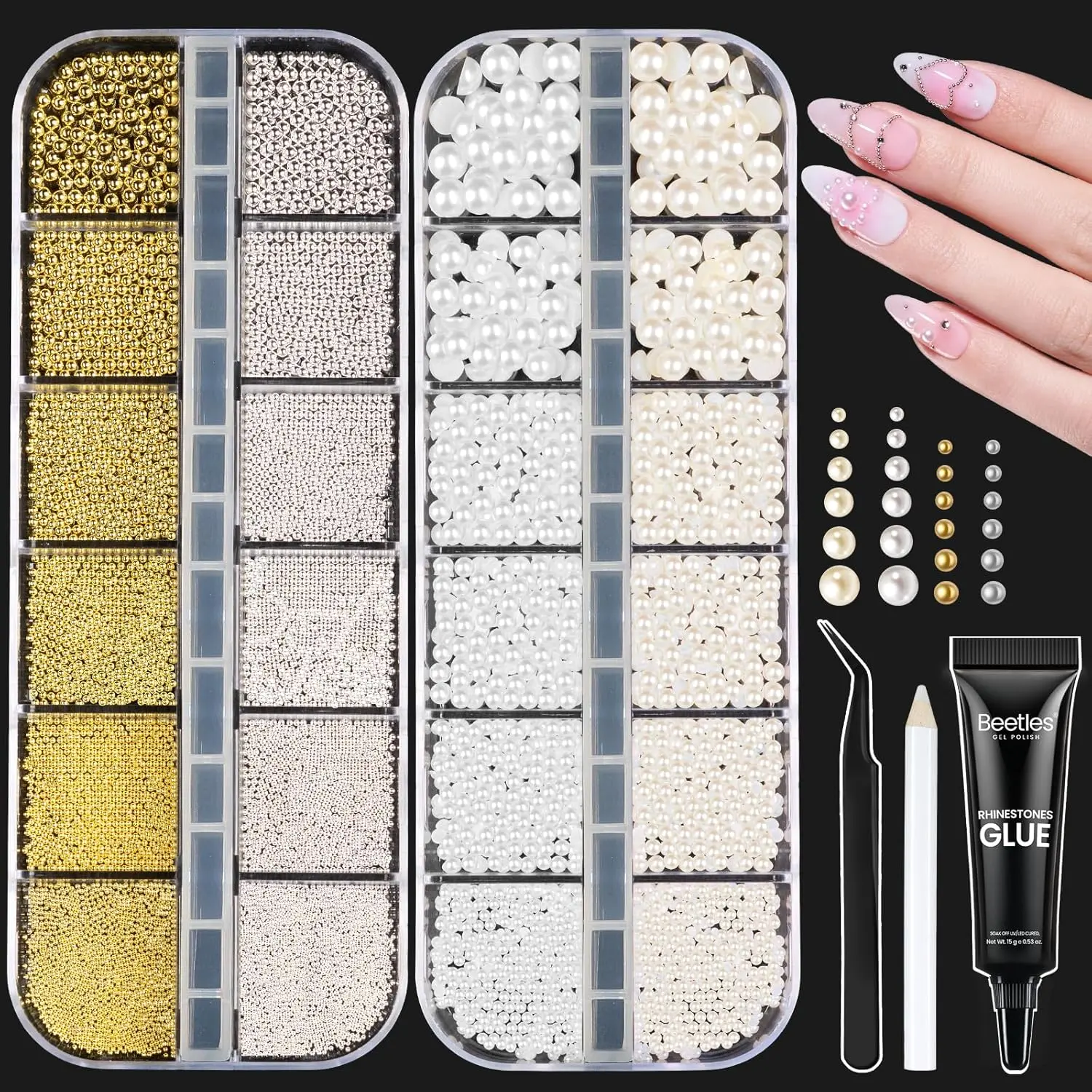 Beetles 3D Nail Charms Gold Silver Nail Beads and White Pearl - with Rhinestone Glue Tweezers Pick-up Pencil for Nails Art Metallic Beads White Flatback Pearls Manicure Accessories mothersdaygift Spring Nail Summer Nail Vacation Nail #SummerVibes