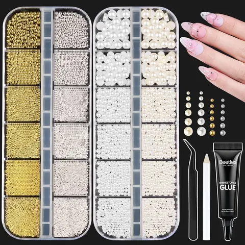 Beetles 3D Nail Charms Gold Silver Nail Beads and White Pearl - with Rhinestone Glue Tweezers Pick-up Pencil for Nails Art Metallic Beads White Flatback Pearls Manicure Accessories mothersdaygift Spring Nail Summer Nail Vacation Nail #SummerVibes