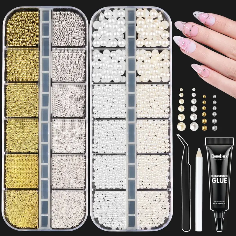 Beetles 3D Nail Charms Gold Silver Nail Beads and White Pearl - with Rhinestone Glue Tweezers Pick-up Pencil for Nails Art Metallic Beads White Flatback Pearls Manicure Accessories mothersdaygift Spring Nail Summer Nail Vacation Nail #SummerVibes