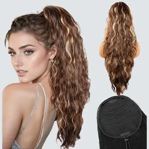 TwiceBeauty 26-Inch Curly Wavy Ponytail Extension Drawstring Synthetic Clip in Hair Extensions for Women Brown with Blonde Highlights Classic Style