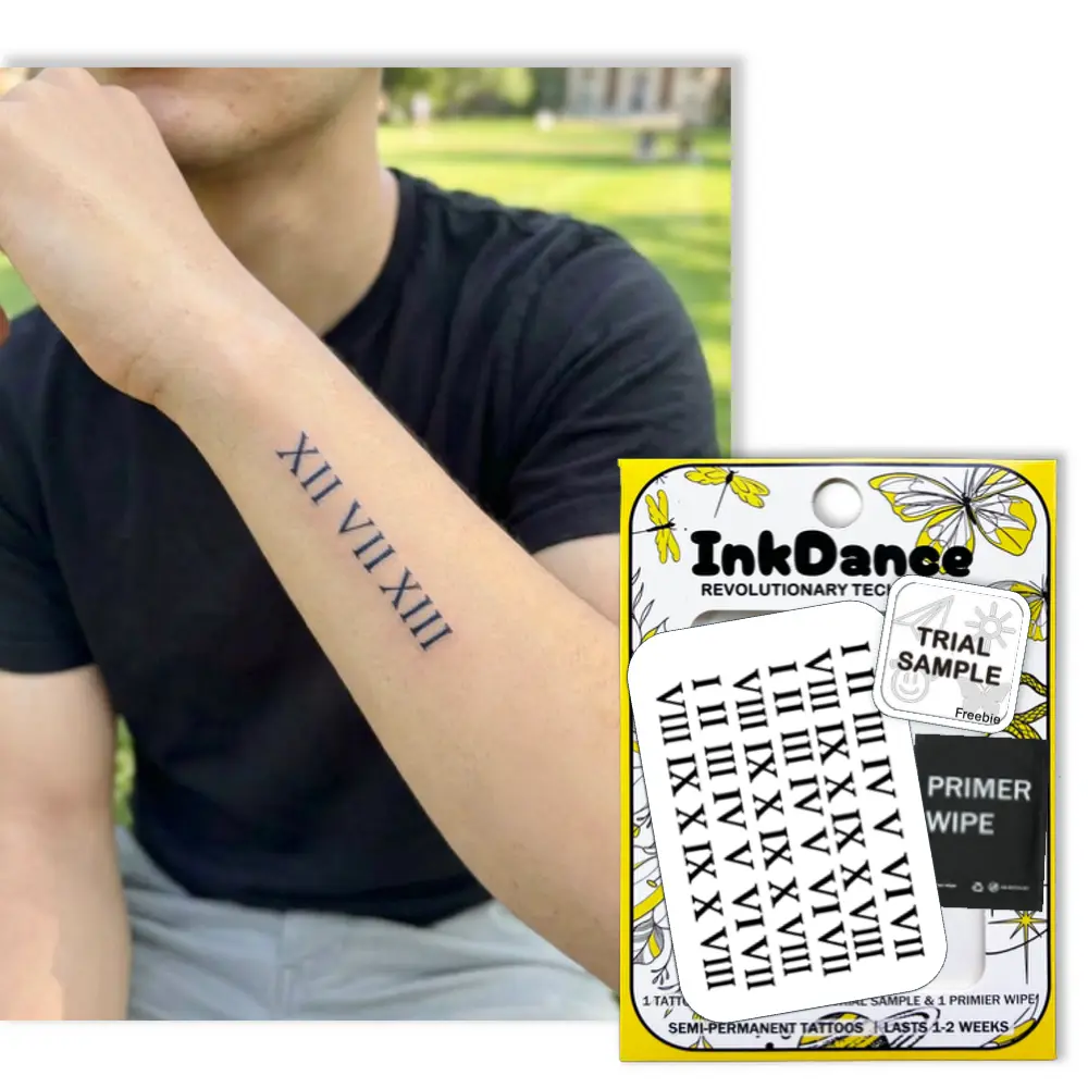 InkDance Semi-Permanent Tattoo, Classic Roman Numerals, Long Lasting Temporary Tattoos, Waterproof Plant-Based Ink, Lasts 1-2 Weeks, Color Develops in 24 Hours D070
