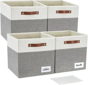 Collapsible Fabric Storage Cube Bins with 2 Reinforced PU Handles, Foldable Storage Organizer Baskets for Closet, Shelves, Living Room 13"x13"x13", 4 Pack, Gray & White