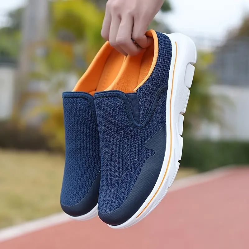 Men's Lightweight Breathable Fabric Slip-On Outdoor Sports Slippers - Navy Blue with Orange Accents, EVA Sole for Secure Grip, Suitable for Jogging, Walking, Running Errands, Casual Sports Shoes, Comfortable Grip
