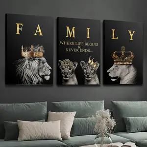 3-Piece Framed Lion Family Canvas Poster Print Set - High-Quality Modern Minimalist Art with Inspirational Quotes, Waterproof, Perfect Gift for Kitchen & Living Room Wall Decoration, Elegant Home Decor Box Inclusive