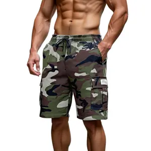 Men’s summer camouflage cargo shorts with a military-inspired streetwear design, featuring a drawstring elastic waistband, 3D cargo pockets, and durable, breathable fabric—ideal for young men for fitness, running, outdoor camping, everyday commuting, and