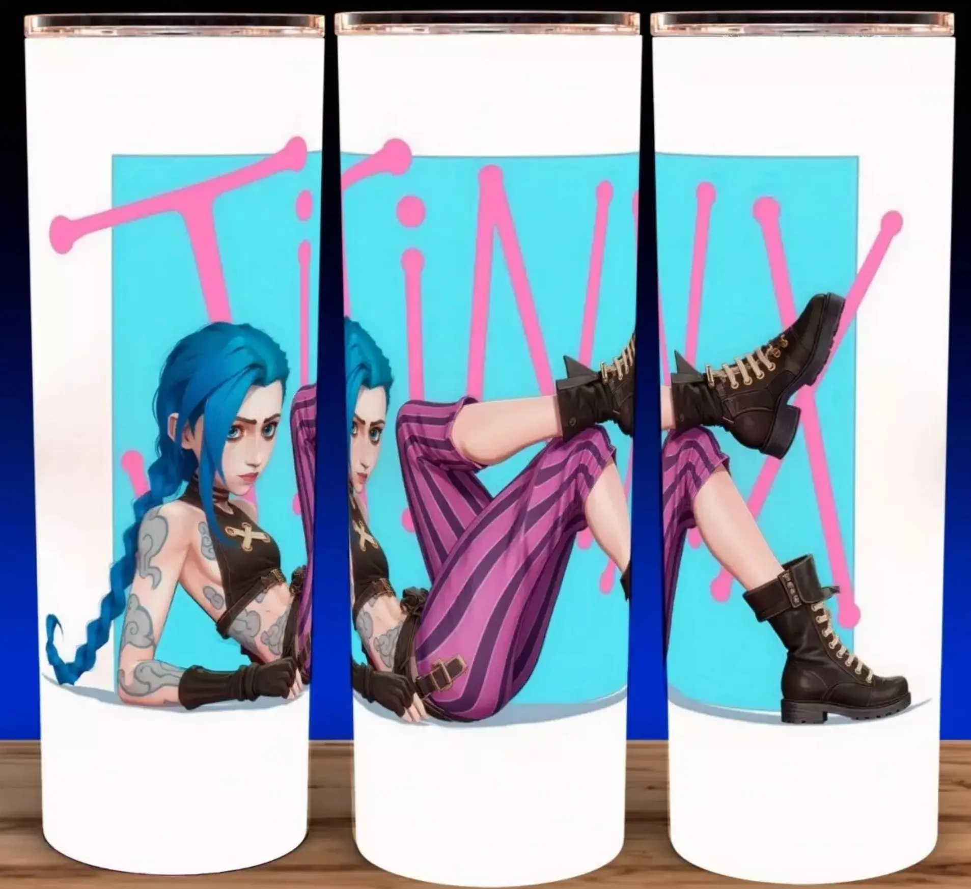 Arcane League of Legends Jinx Lounging Anime Cup Mug Tumbler 20oz with Lid & Straw, Stainless Steel, Lightweight Design for Hydration - Reusable, Stylish