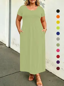Plus Size Solid Color Loose Maxi Dress, Short Sleeve, Round Neck, Side Pockets, Curvy Daily Wear, Tummy Hiding