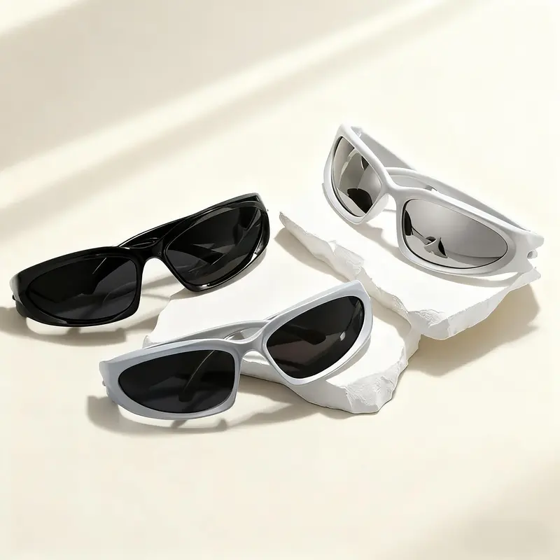 Unisex 3-Pack Punk-Style Oval Black Stylish Sunglasses, Lightweight Casual Shades with HD Mirrored Lenses, Sun-Protective Fashion Glasses for Biking, Driving, Streetwear Accessories,sohochic