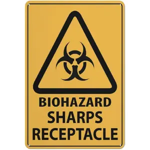Caution Biohazard Sharps Receptacle Sign 12 X 8 Inches Reflective Aluminum Metal Warning Signage With Symbol For Indoor Outdoor Use