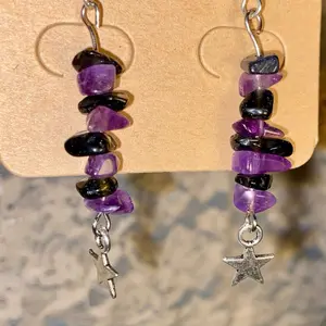 Amethyst & Obsidian Chip Beads with Silver Dangling Star Charms on Hypoallergenic Hooks for Sensitive Ears Earring