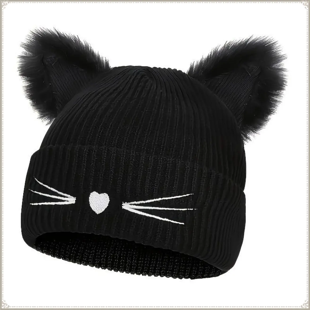 Women's Cat Beanie Crochet Hats with Ears Knitted Black Cat Hats Winter Cute Y2k Cat Ears Beanie for Adults