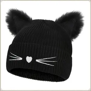 Women's Cat Beanie Crochet Hats with Ears Knitted Black Cat Hats Winter Cute Y2k Cat Ears Beanie for Adults