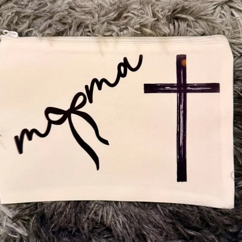 Small Make Up Bag with Unique Design Featuring 'moma' and Cross Motif Ideal for Travel and Everyday Use