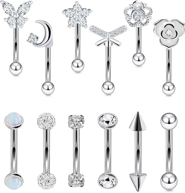 Piercing Jewelry 16G Stainless Surgical Steel Curved Barbell Eyebrow Rings Vertical Labret Lip Piercing Jewelry Earrings for Women Men 6MM 8MM 10MM HypoallergenicEyebrow Rings Helix Tragus Snug Lip Belly Button Piercing