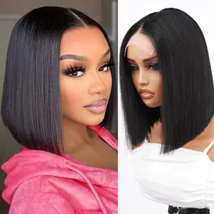 IDHERE Hair Straight Short Bob Wigs Human Hair 4x4 HD Lace Closure Short Bob Wigs for Black Women Glueless Wigs Human Hair Lace Front Wig Pre Plucked 180% Density Natural Black Color