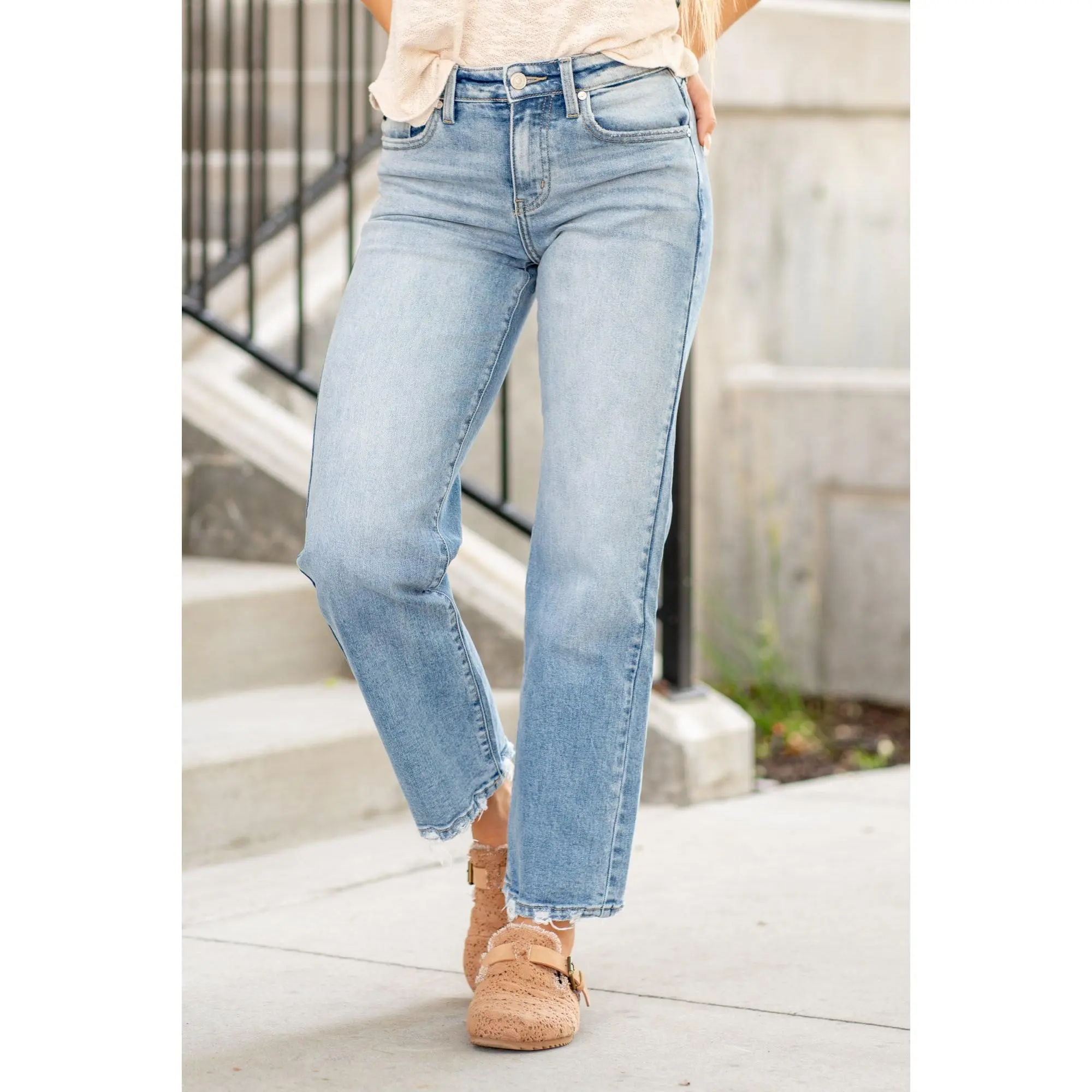 Women's KanCan Melissa High Rise Slim Wide Leg Denim Jeans - Medium Wash, Smooth, Spandex-Blended, Pocket-Equipped Womenswear Bottom Light Style