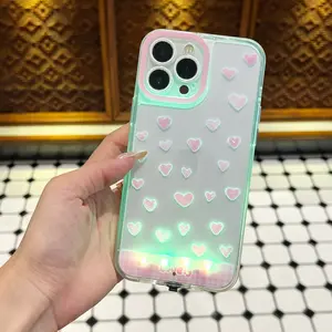 Cute Heart Pattern Glowing Aesthetic Phone Case, Voice Control Light-Up Protective Cover, Fits iPhone 17 16 15 14 13 12 11 Pro Max Plus