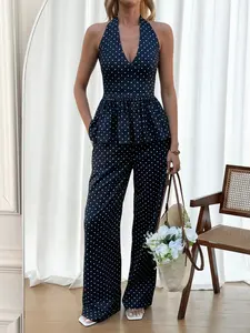 Women Polka Dot Halter Peplum Top Wide Leg Pants Set Elegant Sleeveless Deep V Backless Two Piece Outfit Navy Blue Vintage Chic Palazzo Trousers Matching Set Summer Vacation Party Wedding Guest Co Ord Set Casual Elegant Clothing