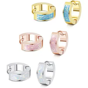 3 Pairs Gold Plated Huggie Hoop Earrings Set Chunky Mini Hoops with Simulated Opal | Small Hinged Cuff Earrings for Women Men | Everyday Jewelry