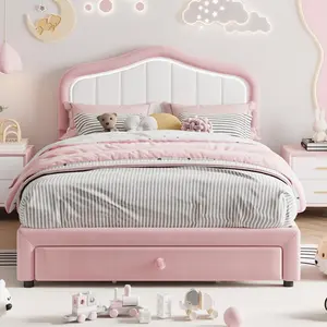 Garvee Upholstered Full Size LED Bed Frame with Storage Drawer, Velvet Princess Platform Bed Frame in Pink, Wooden Slats Support, No Box Spring Needed, Easy Assembly, Ideal for Girls' Bedrooms