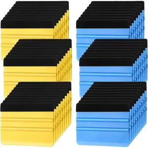 50 count Plastic Vinyl  4 Inch Felt Edge  for  Window Windshield Glass Cleaning Tool Vinyl Scraper Decal Applicator Tool with Black Fabric Felt Edge, Blue Yellow