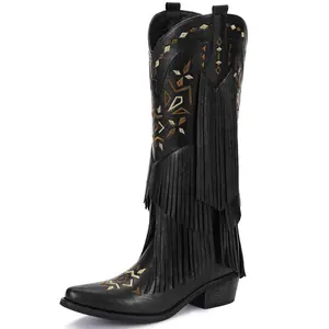 Cowboy Boots for Women - Fringe Knee High Cowgirl Boots with Classic Embroidery, Pointed Toe Pull on Retro Design, Perfect for Western Parties, Weddings and Events