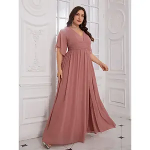 Plus Size V Neck Ruched Flare Sleeve Waist Cinched A-Line Chiffon Bridesmaid Dress, Elegant Party Gown for Women