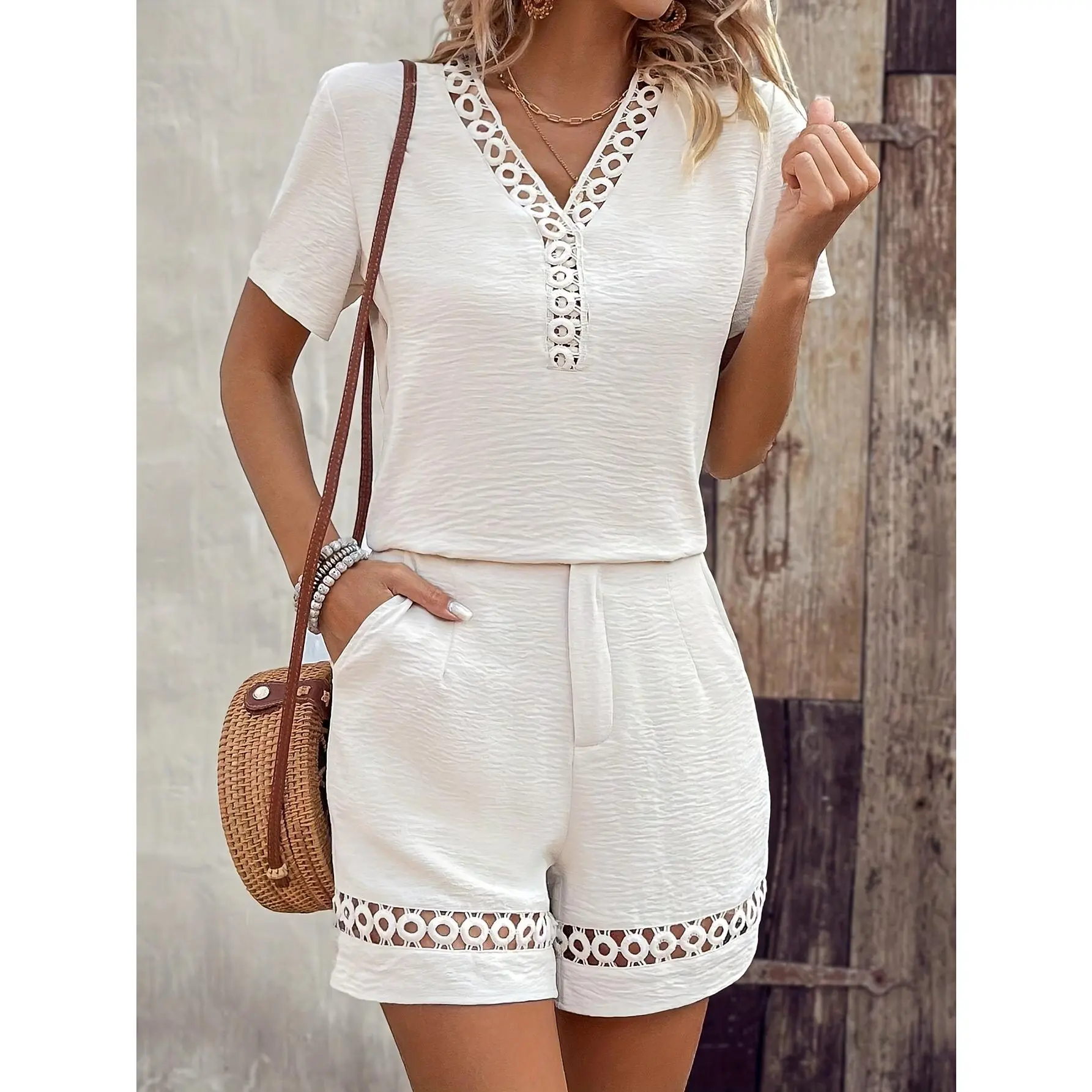 [Polyester Solid Color Jumpsuit] 100% Polyester V-Neck Solid Color Jumpsuit - Women's Casual All-Season Woven Outfit Fabric Womenswear
