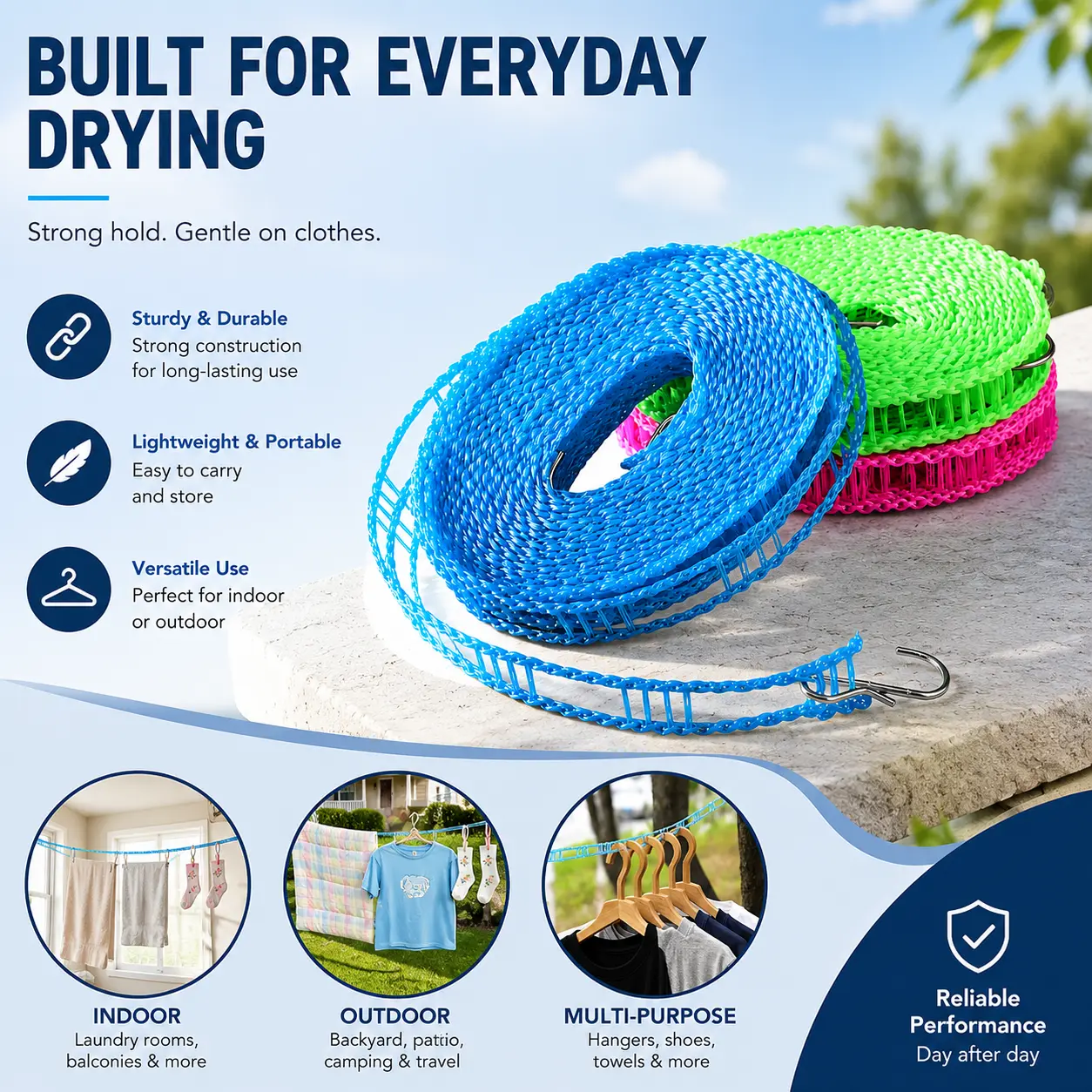 3-Pack Retractable Adjustable Windproof Telescopic Clothesline (5m/16.4ft) - Portable Non-Slip Laundry Tool, Home Accessories - Pink/Blue/Green - Dry & Wet Clothes Compatible for Outdoor Travel