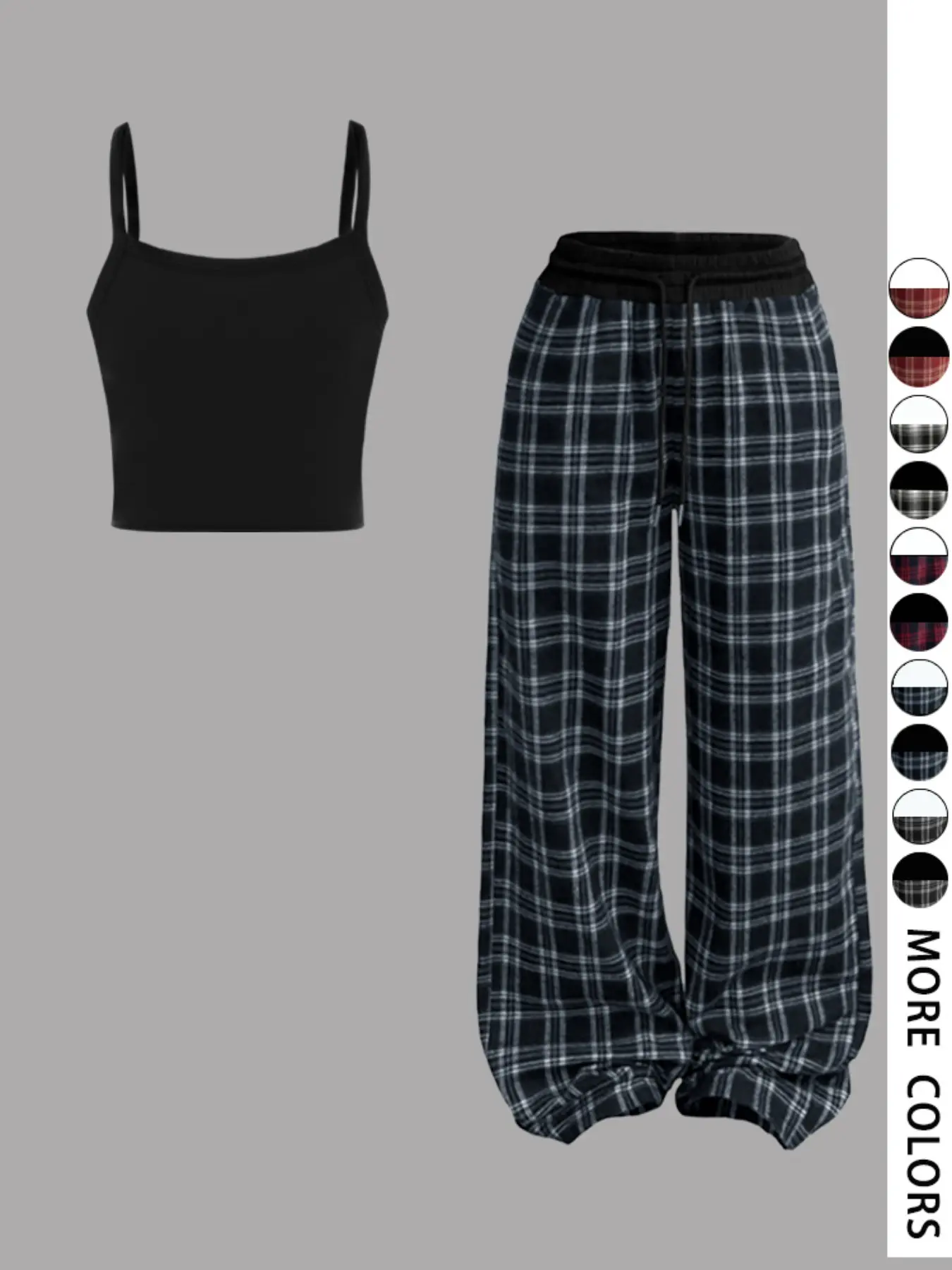 Retro Plaid checkered Adjustable, contrasting waistband wide leg pants set - casual Crop camisoles and loose drawstring pants, perfect for Y2K streetwear, casual wear, home wear Outfit Top Matching