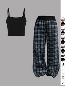 Retro checkered Adjustable, contrasting waistband wide leg pants set - casual camisoles and loose drawstring pants, perfect for Y2K streetwear, casual wear, home wear