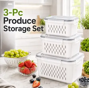 MIUVA 3 Pcs Fridge Produce Storage Containers with Removable Colanders, Stackable Fruit and Vegetable Storage Boxes with Leak-Resistant Lids, Kitchen Refrigerator Organizer Set, Gray