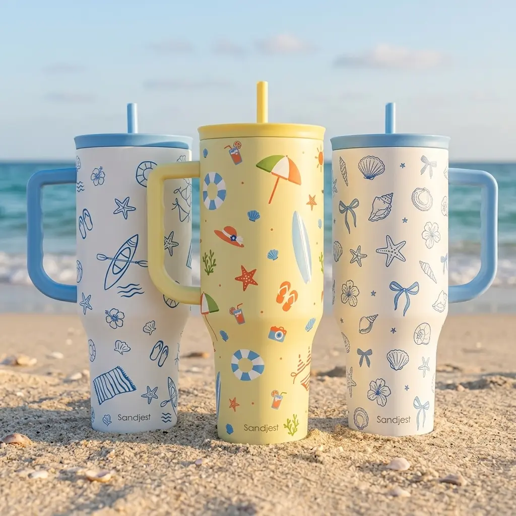 SANDJEST Summer Beach Stainless Steel 40oz Tumbler with Handle & Straw, Reusable Large Capacity, Hot Cold Insulation, Car Holder Friendly for Travel