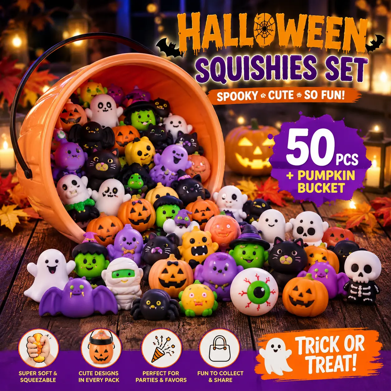 [Summer Halloween] Halloween slime stress relief toy set, includes 50 cute Halloween stress toys, comes with a pumpkin bucket, Halloween-themed, super soft material, washable and durable, suitable for kids as soft squishy toys, Halloween gifts,