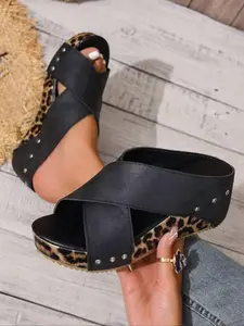 Women's Summer Platform Crisscross Strap Leopard Print Open Toe Backless Wedge Sandals, Casual Fashion, Fashionable Platform Sandals, PU Upper Material, Rubber Sole