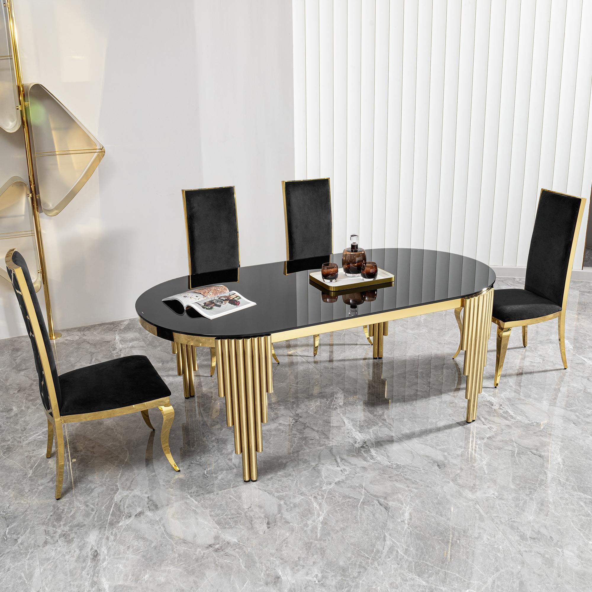 7 Pieces Modern Luxury Oval Dining Table and Chairs set, Elegant Household Kitchen Table with 6 Plush Black Velvet Padded Seats, Sleek Tempered Glass Tabletop & Shiny Gold Stainless Steel Support Legs, Stylish Kitchen Home Furnishing