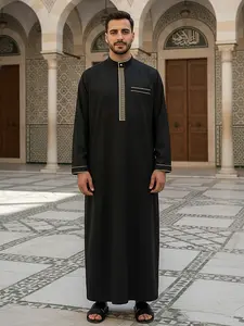 Men’s Traditional Muslim Thobe – Black Islamic Robe with Embroidery, Arabic Kaftan for Ramadan, Prayer & Daily Wear