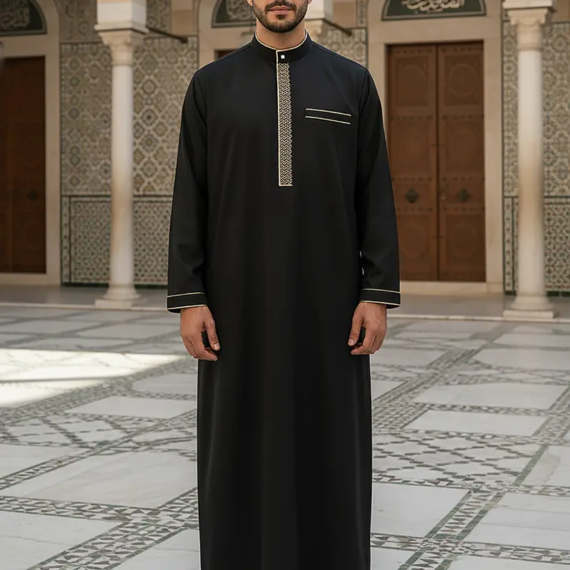 Men’s Traditional Arabic Thobe, Black Muslim Jubba with Gold Embroidery, Modest Islamic Robe for Ramadan, Prayer & Daily Wear