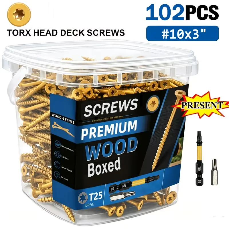 #8 #9 #10 Yellow plum-head wood screws, yellow galvanized, outdoor rust-proof - Easy to install, suitable for outdoor furniture and deck construction, also comes with two T25 star-shaped drill bits