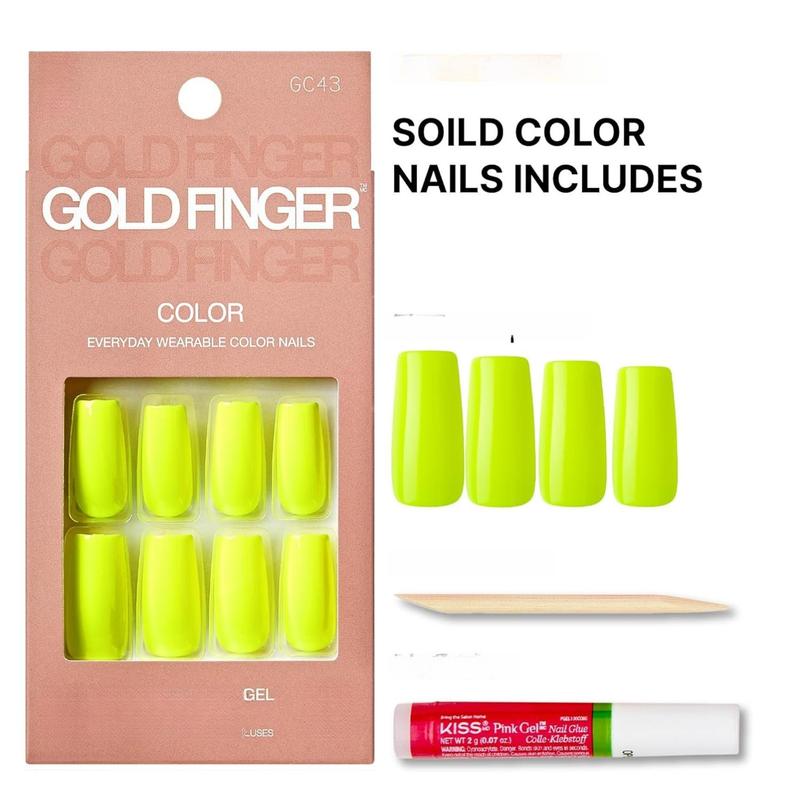 GoldFinger Neon Yellow Press On Nails Kit, Ready to Wear False Nails, Manicure Stick and Glue Included, Long Square Shape, Long-Lasting Hottest Trend Glue on Nails