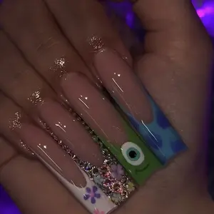 Monster University Cartoon Nail Art Set, Long Big Eye Monster Rhinestone Nails, Includes Jelly Glue & File, Perfect for Holidays