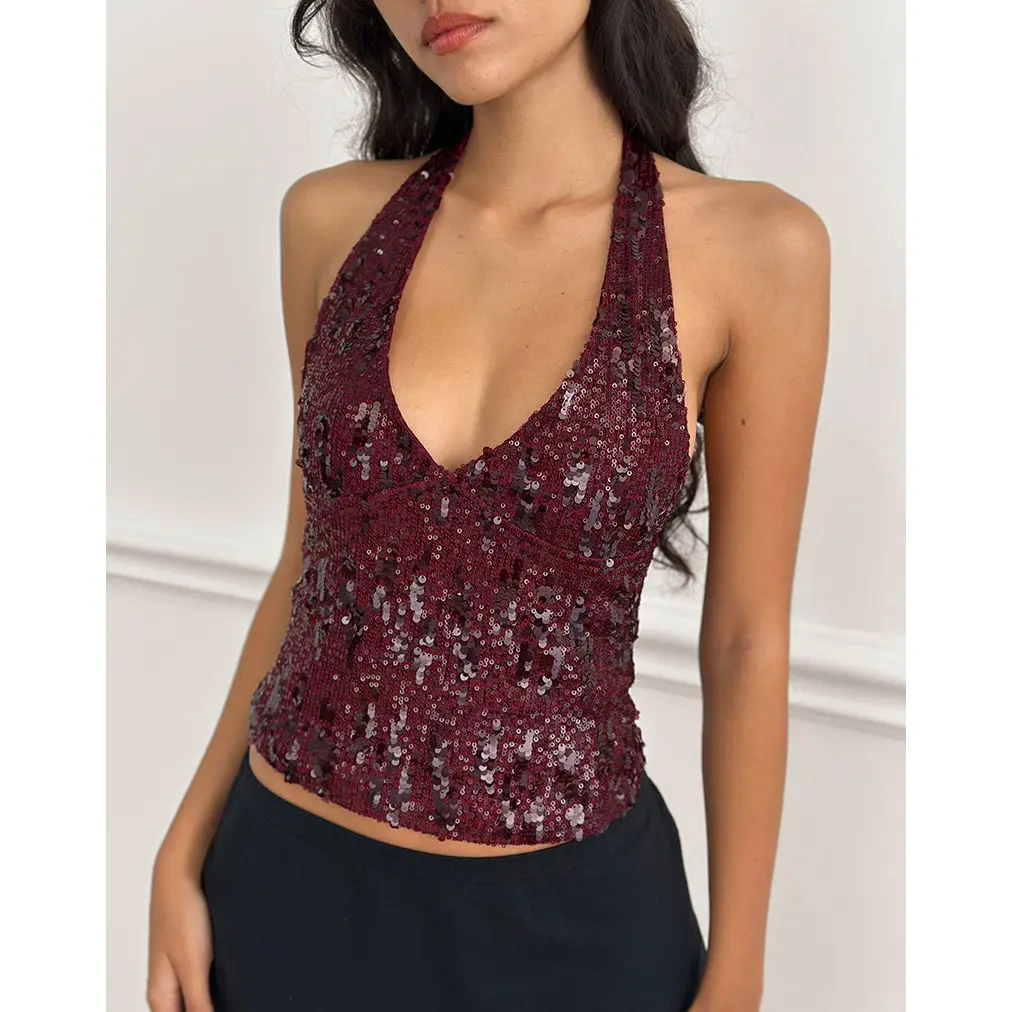 Cosio Halter Top in Mix Sequin Red