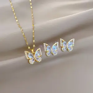 Zircon butterfly necklace earpin set, versatile, niche, light luxury, high-end and simple collarbone chain jewelry set