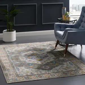 Modway Success Anisah Distressed Floral Vintage Medallion 5x8 Area Rug in Gray, Ivory, Yellow, Orange