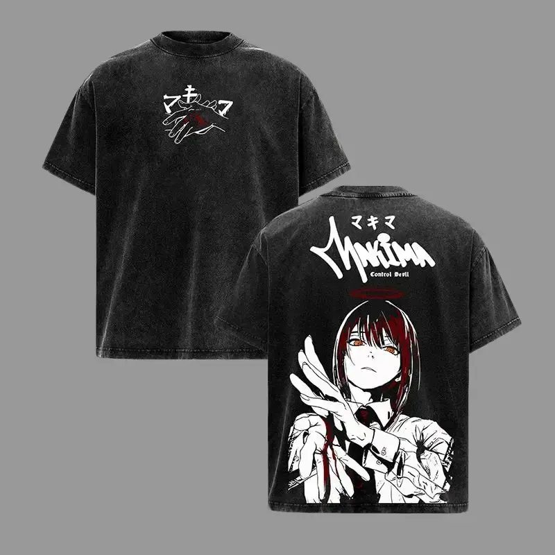 Men's Chainsaw Man Makima Oversized Pre-Washed Heavy Cotton Round Neck Short Sleeve T-Shirt, Tanktop, Sweatshirt, Hoodie - Relaxed Fit Unisex Casual Streetwear Vintage Urban Top for Anime Fans, Shortsleeve, Premium Cotton, Urban Retro