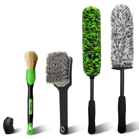 YeewayVeh Foldable Car Wash Kit - 4 Pack Long Handle Microfiber Car Detailing Tools, 15.7-inch Length Easy Grip Bendable Corncob Rim Cleaner, 7.5" Tight Reach Soft Tire Surface Cleaner, Wet/Dry Auto Wash Accessories, Father's Day Gift