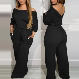 Women's Colorblock Off Shoulder Long Sleeve Jumpsuit V-Back Stretchy Waist Pocket Design Romper Casual Fit