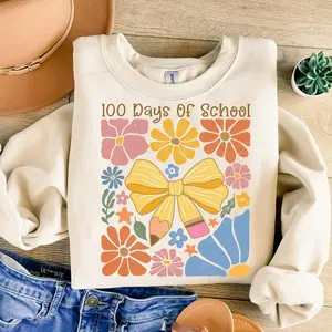 [Sale off up to 50%] 100 Days of School Coquette Sweatshirt, Boho 100 Days of School, Teacher 100 Days Shirt, Coquette Teacher, 100 Days Shirt, Coquette Bow, streetwear graphic tee